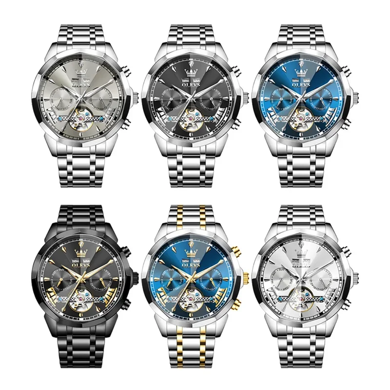 OLEVSBrand Skeleton Waterproof Men's automatic Mechanical Watch Prismatic Dial Stainless steel Luminous Male Wristwatch 6619
