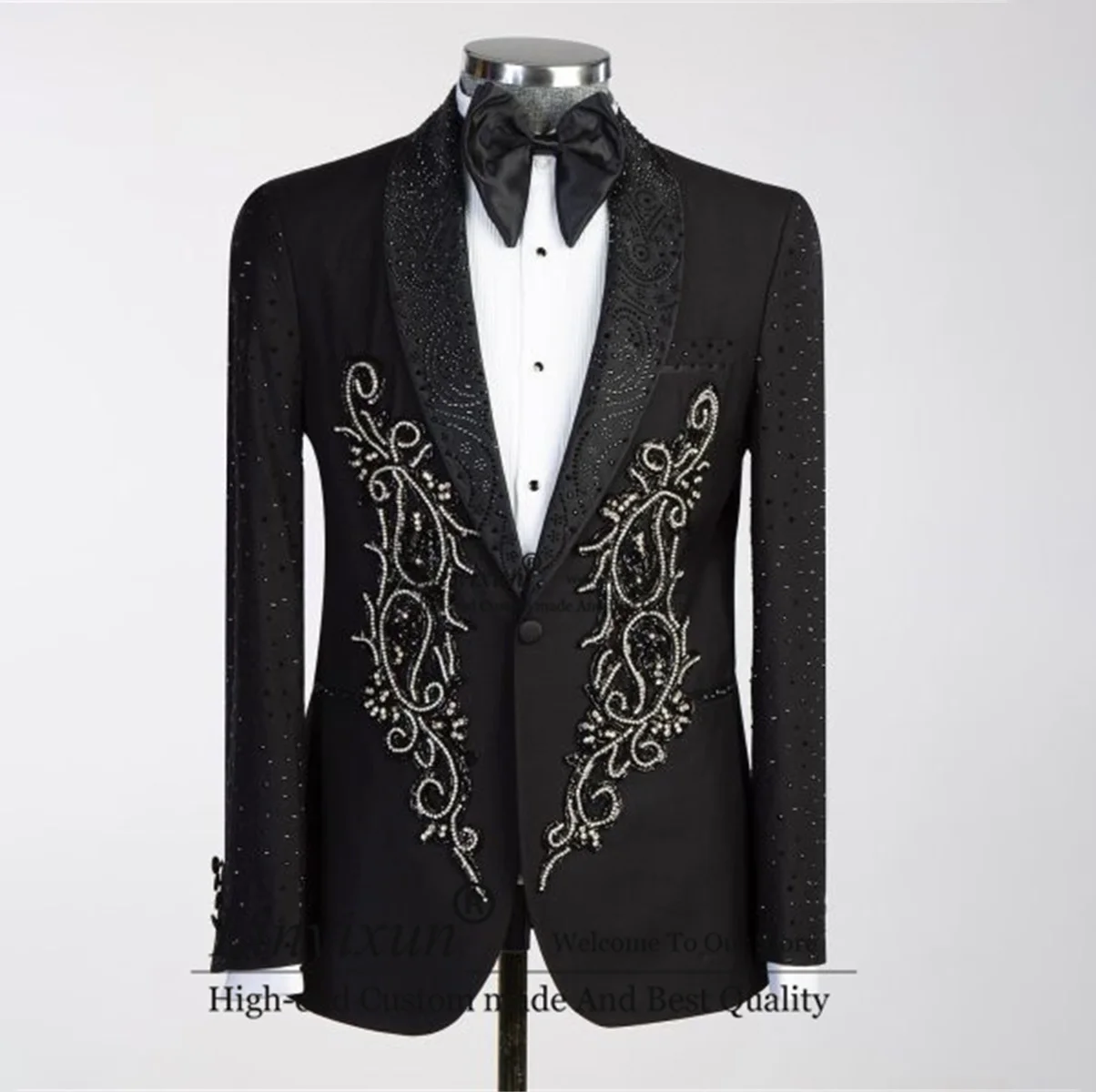 

Fashion Men Suits Beaded Crystals Lapel Groom Tuxedos 2 Pieces Set Male Party Blazers Slim Wedding traje de hombre elegante