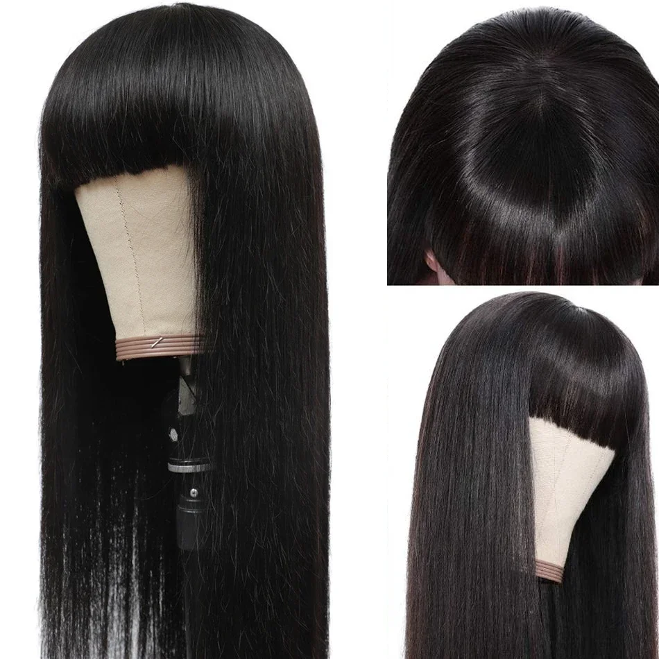 Straight Wig With Bangs For Women 30 Inches Full Machine Made None Lace Bone Straight Human Hair Fringe Wig