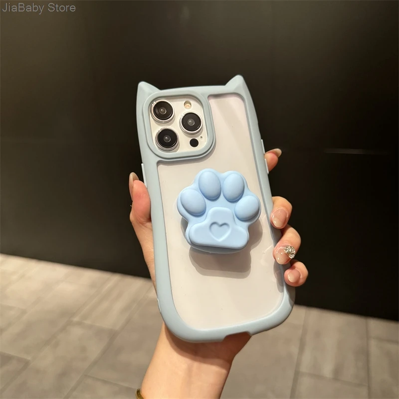Custodia per telefono morbida glitterata con supporto per gatto in silicone trasparente liquido a copertura totale per iPhone 11 12 13 14 15 16 Pro Max Plus_voghion.com