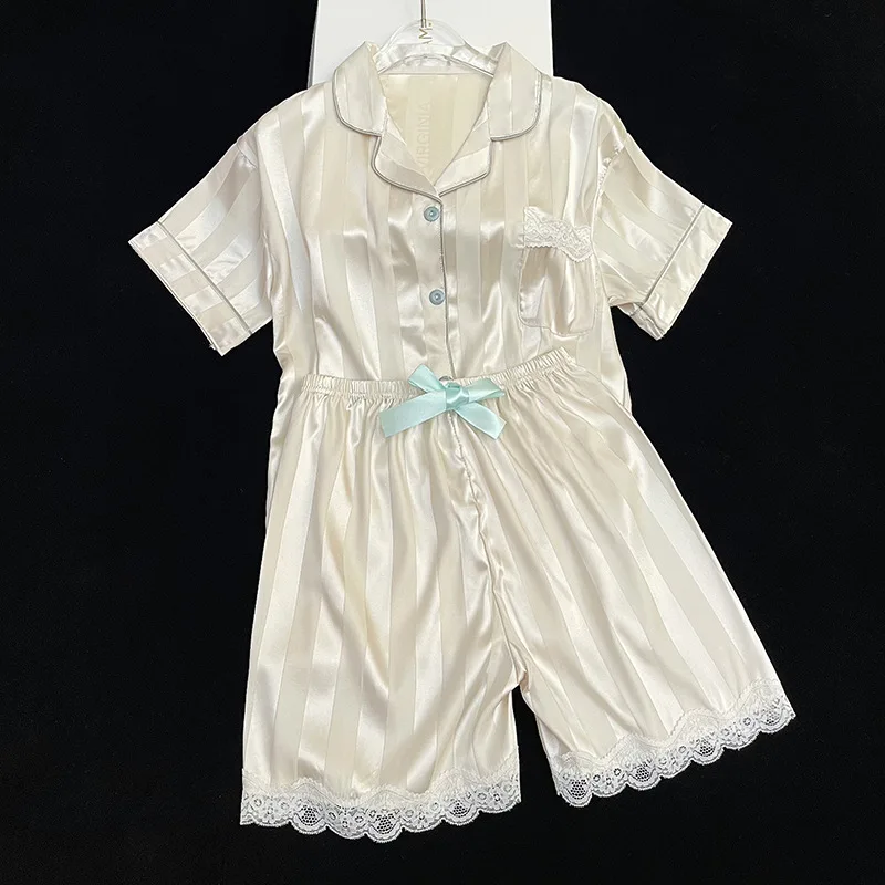 Ling Solid Striped Summer Pajamas Sweet Bow-knot Ice Silk Satin Sleepwear Women 2PCS Fashion Women's Home Wear Short Sleeved Set