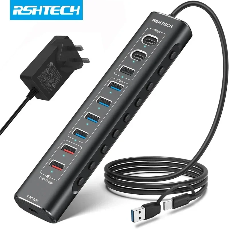 RSHTECH 고속 충전 포트가 있는 알루미늄 USB 분배기, 맥북 노트북용 USB-C PD 20W, 60W 전원 USB 허브, 10Gbps 데이터 전송