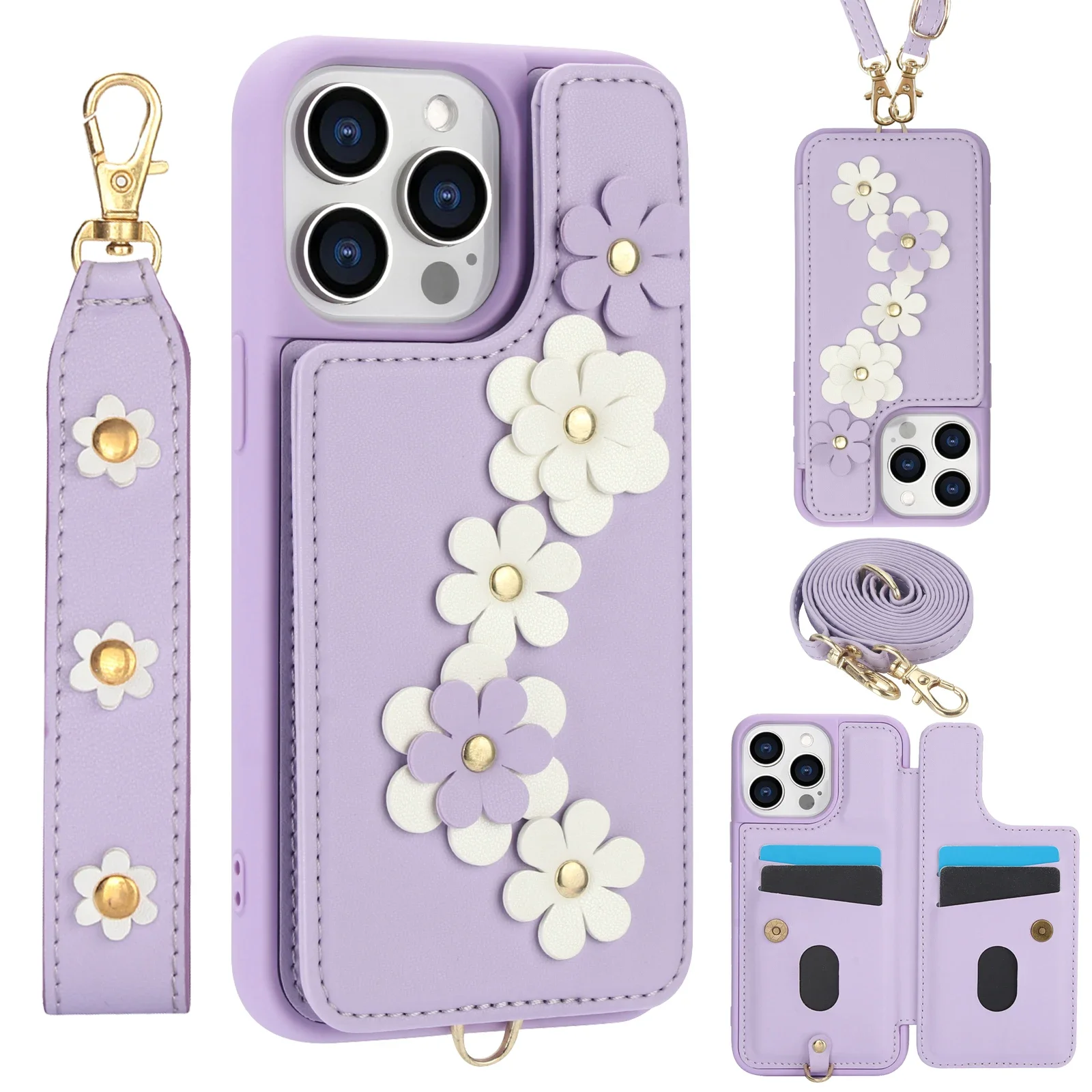 Skulderveske med håndleddsstropp og blomstermotiv til iPhone 16 15 14 13 12 11 Plus Pro Max XS XR X 7 8 Lommebok med kortholderdeksel_voghion.com