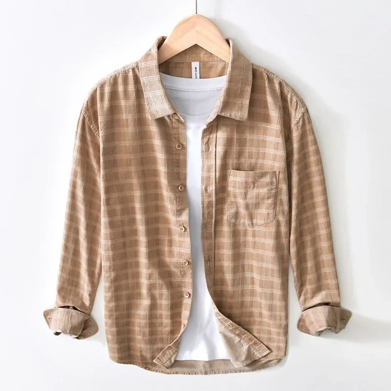 

Spring Summer High Quality New Men's Lapel Cotton 100% Casual Striped Plaid Shirts Long Sleeve Pocket Loose Men Tops Clothes