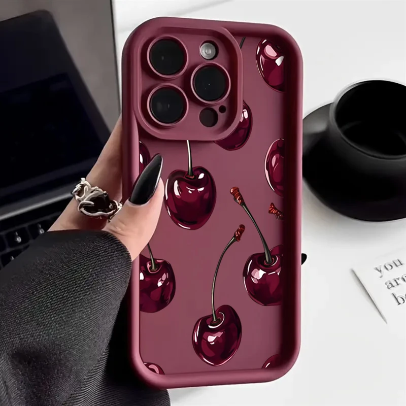 Elegant Wine Red Cherry Print Silicone Phone Case - Soft, Stylish Back Cover