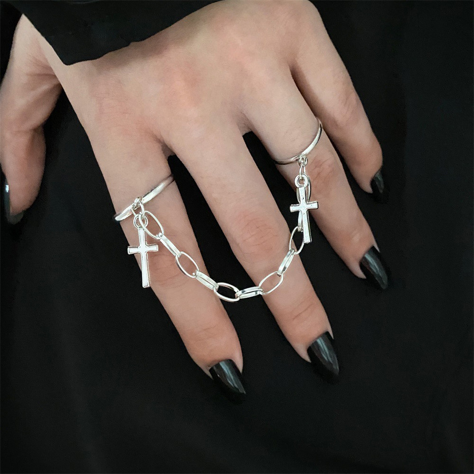 Korean Fashion Cross Two Finger Connected Chain Open Ring For Women Men Personalized Hip-hop Style Popular Ring Wholesale