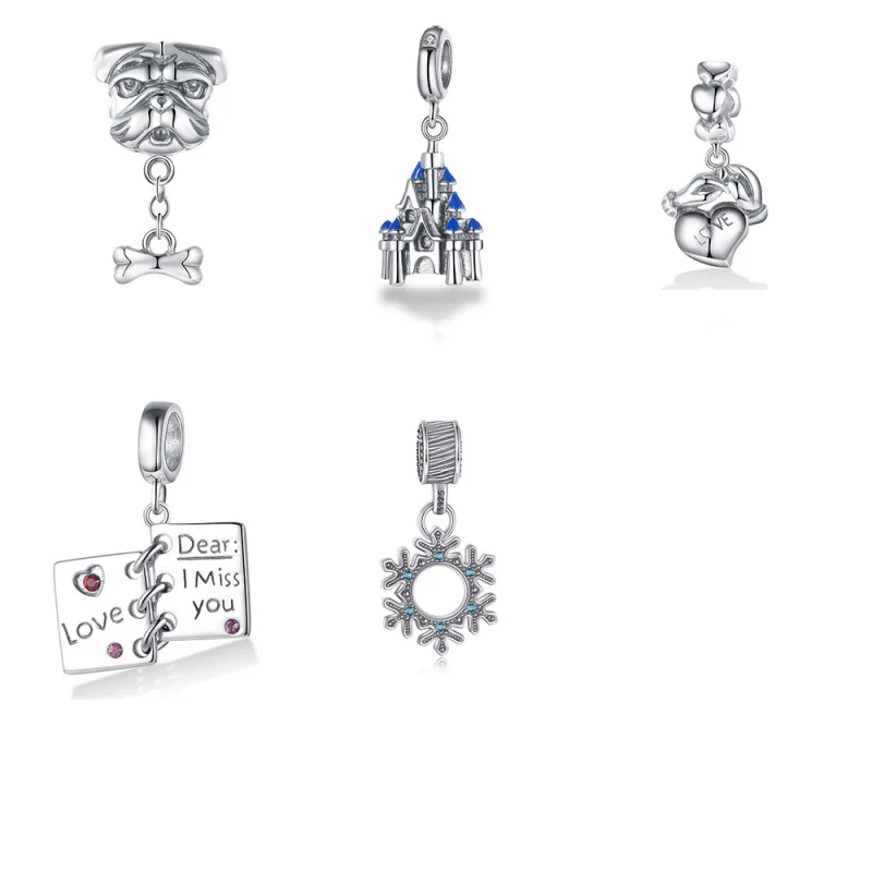 

925 Sterling Silver Snowflake Love Heart Dog Beads Charm, Bracelet DIY Accessories, Christmas Gift Jewelry