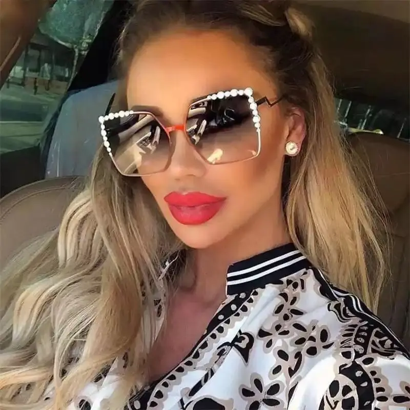 

Oversized Square Sun Glasses Ladies 2021 New Luxury Pearl Sunglasses Women Brand Designer Fashion Shades Big Frame Oculos очки