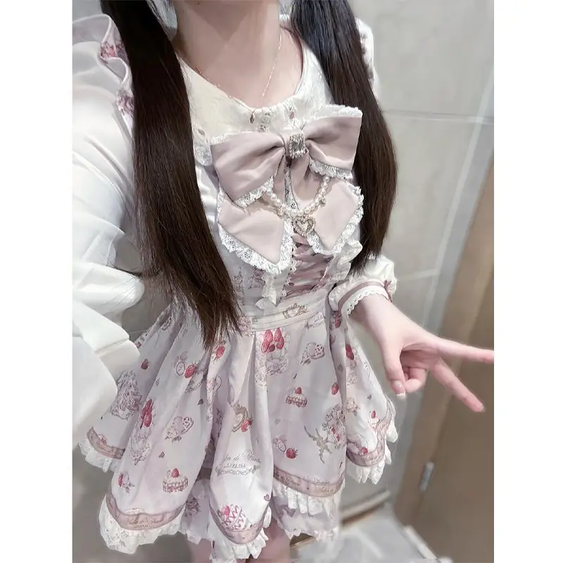 Y2k Harajuku Sweet Two-Piece Short Sets Long Sleeve Off Shoulder Solid Lace Shorts Skirts Bow Button Women Casual Kawaii 2025 1