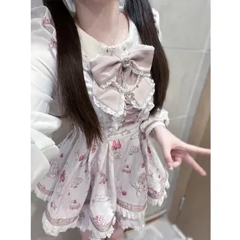 Y2k Harajuku Sweet Two-Piece Short Sets Long Sleeve Off Shoulder Solid Lace Shorts Skirts Bow Button Women Casual Kawaii 2025 1