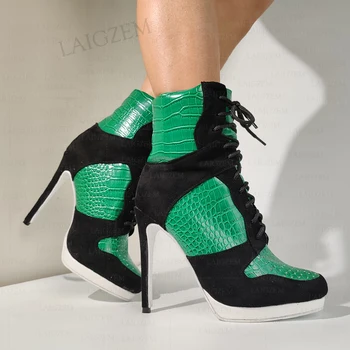 LAIGZEM Women Ankle Boots Round Toe Thin High Heels Lace Up Short Boots Patchwork Ladies Shoes Woman Big Size 38 41 43 45 52