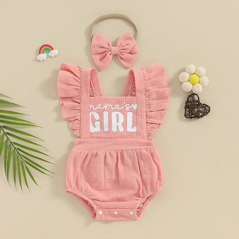 

Newborm Infant Baby Girl Romper Summer Clothes Cotton Linen Outfit Sleeveless Ruffle Bodysuit with Headband