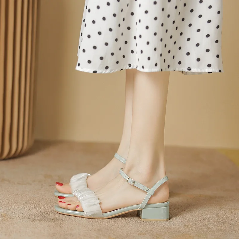 Sandal Lady New Summer Mid Heel Shoes Fairy Style Pleated Thick Heel Sandals Versatile One String Single Shoe Lady 41-6
