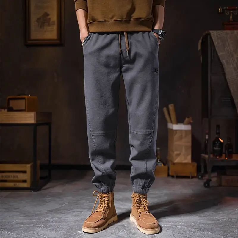 New Men's Spring Autumn Solid Color Trousers Elastic High Waist Pockets Drawstring Spliced Stylish Loose Casual Harlan Pants