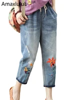 AmaxluluE Summer Fashion Ladies Elastic Elegant Jeans Womens Casual Floral Embroidery Denim Trousers Females Loose Harem Pants