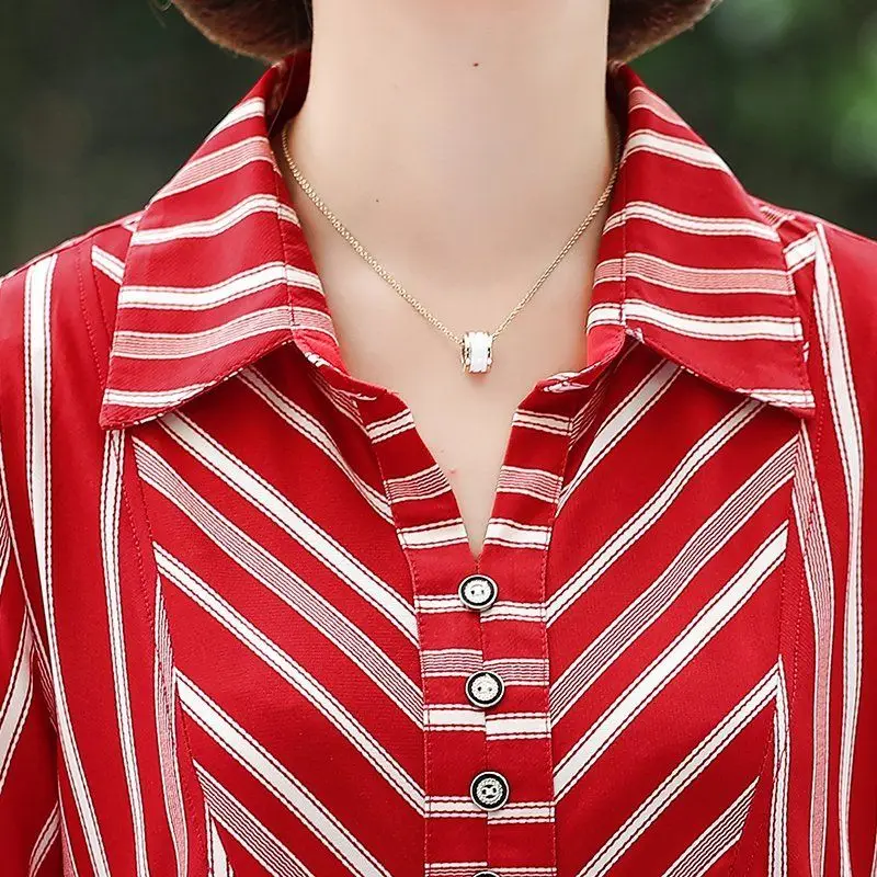 Women's Clothing Fashion Striped Printed Polo-Neck Blouse 2023 Summer New Commute 3/4 Sleeve Casual Pullovers Shirt for Female