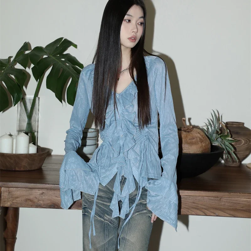 한국 블루 플레어 긴팔 여성 셔츠, 레이스업 프릴, 세련된 여성용 블라우스, 폴드 단추, V넥 패션, 새로운 여성 크롭탑