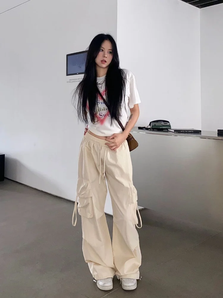 HOUZHOU Beige Baggy Women Cargo Pants Japanese Style Harajuku Fashion Hip  Hop Streetwear Zipper Trousers Oversized Female Casual