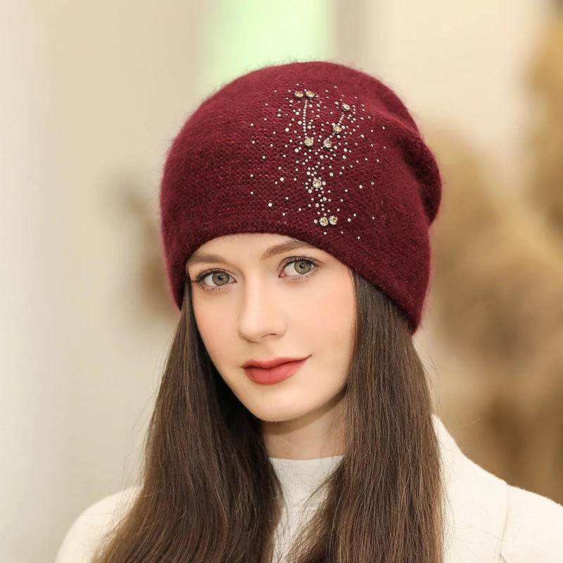 New Winter Hat For Women Fashion Rhinestones Beanie Hat Rabbit Fur