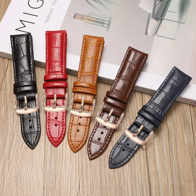 Elegant Black and Brown Leather Watchband with Rosegold Buckle – Versatile Unisex Design Available in 7 Stunning Colors