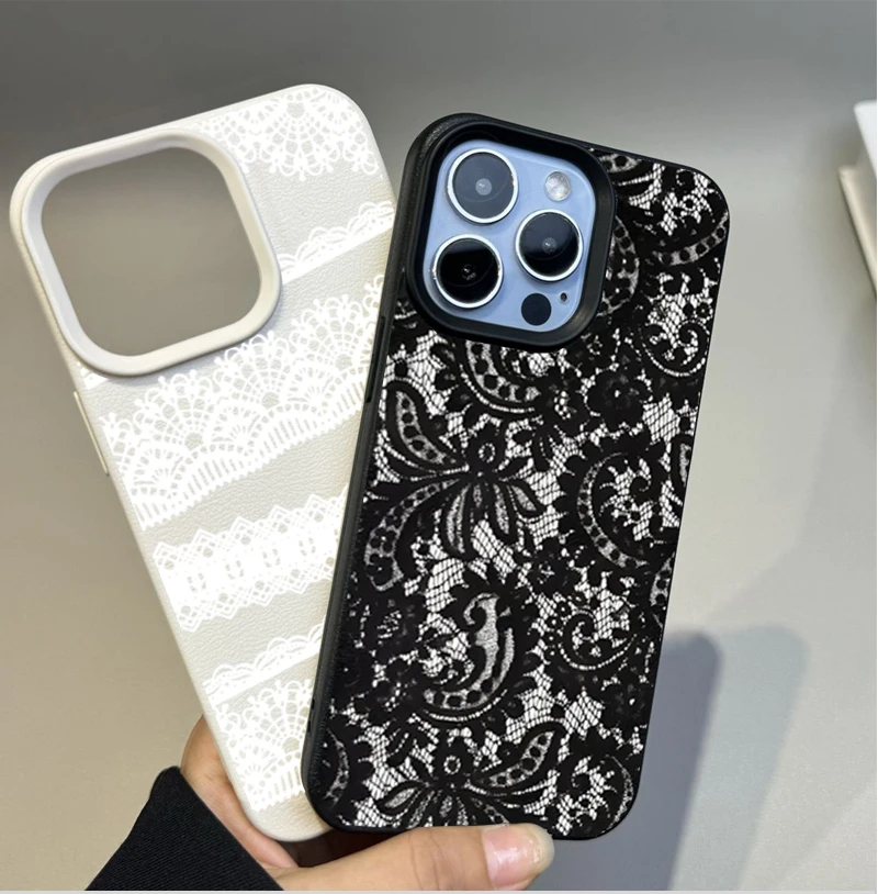 Elegant Black Lace Print PU Leather Phone Case Cover