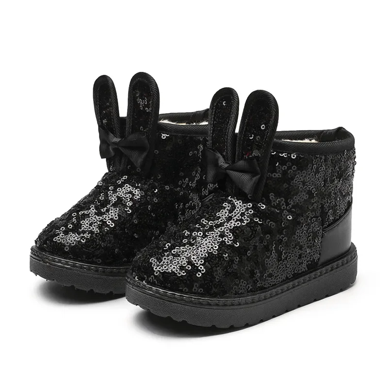 Girls Snow Boots Bunny Ear Bowtie Sequins Cute Winter Warm Ankle Boots Princess Toddler Non-slip Fashion Kids Boot Glitter Bling