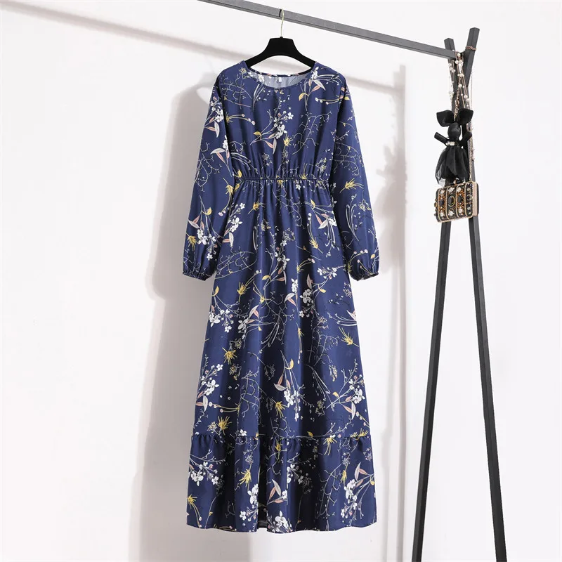 2023New Spring Summer Print  Dressv Collar Women Casual Sleeve Ruffles Medium Long Chiffon Dress Vestidos HH-034 images - 6