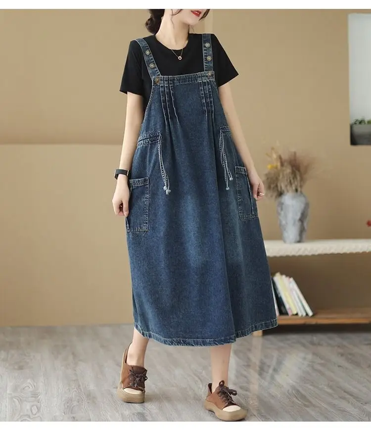 Oversized Women's Denim Skirt Spring Autumn Casual Suspenders Dress Cowboy Sleeveless Dress Female Long Adjustable Slip Dresses