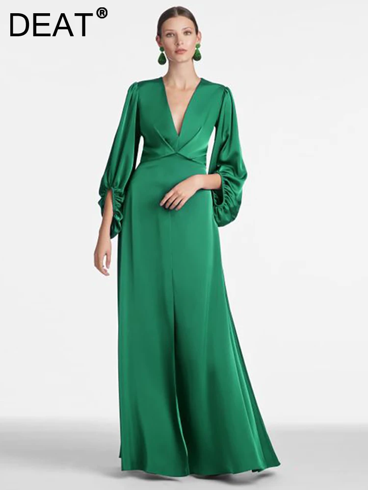 

DEAT Women's Fashion Evening Dress Deep V-neck Long Sleeve Satin High Waist Split Elegant Party Dresses Autumn 2023 New 13DB3484