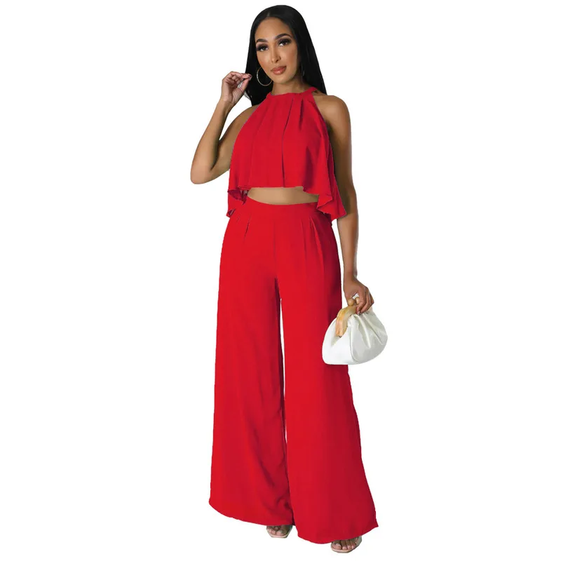 2024 New Fashion and Sexy Versatile Sleeveless Open Navel Top Chiffon High Waist Loose Women's Pants Two Piece Set