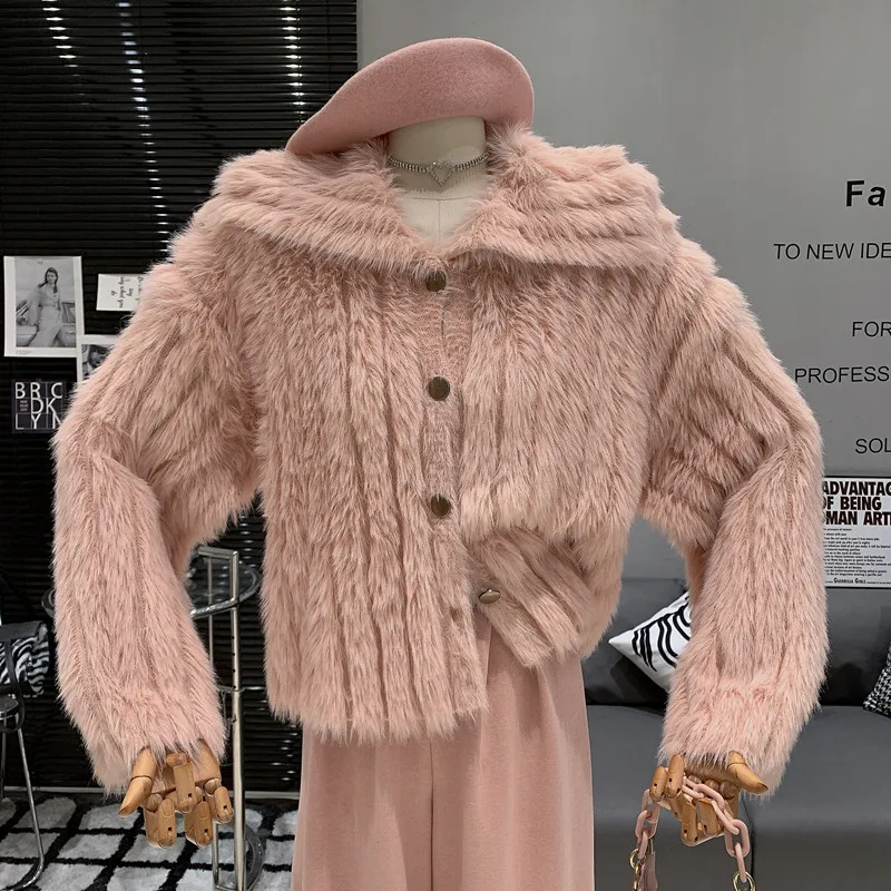 

Little Fresh Sweet Elegant Temperament Vintage Lazy style soft short lapel plush jacket Cardigan coat for women