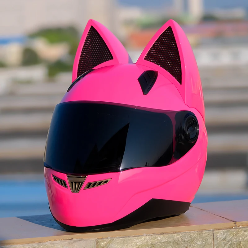 Casco de motocicleta con orejas de gato, Color rosa, diseño de antivaho, Capacete de cara - AliExpress Mobile