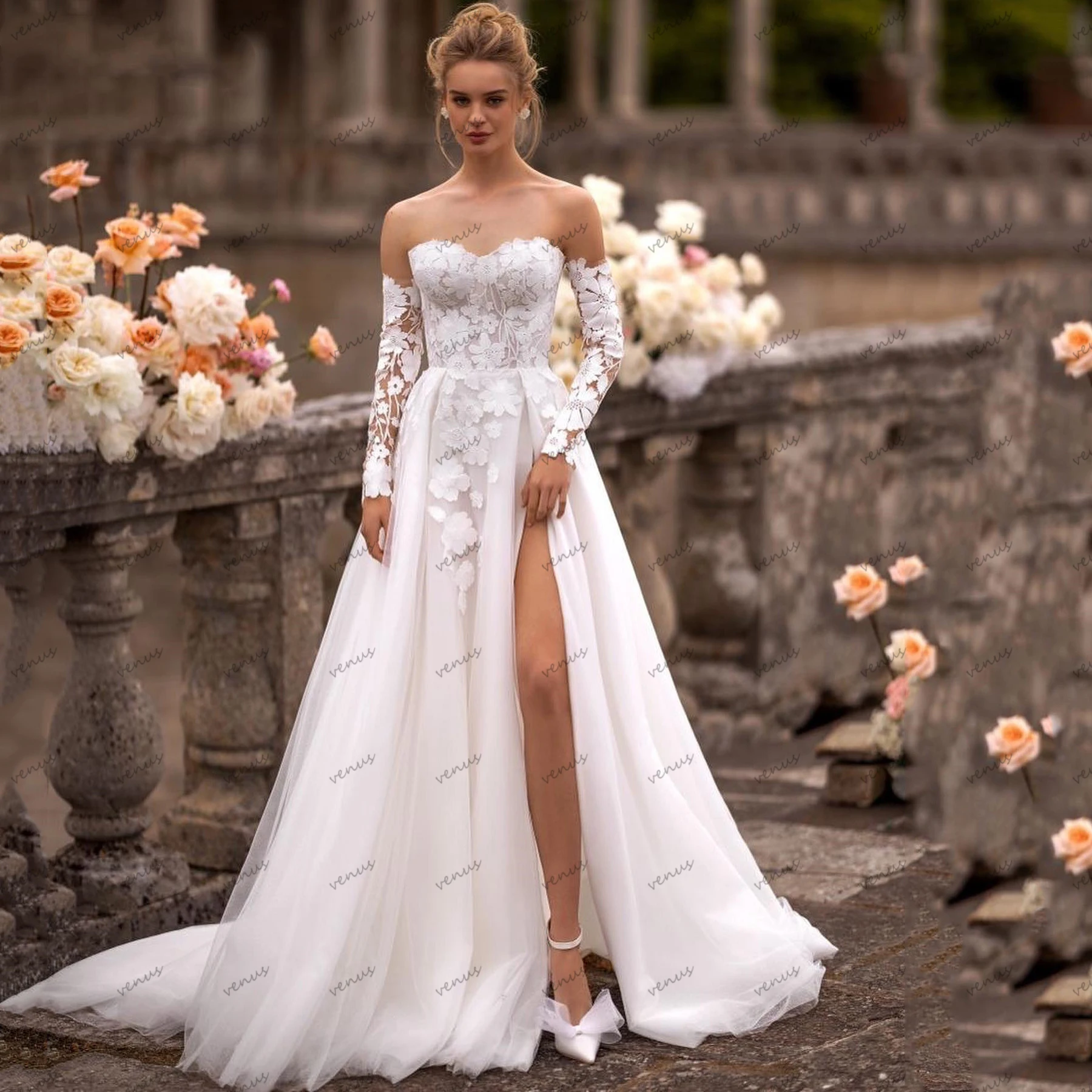 

Charming Wedding Dresses Sexy Bridal Gowns High Slit Backless Robes A-Line Off The Shoulder Robes Vintage Vestidos De Novia 2024