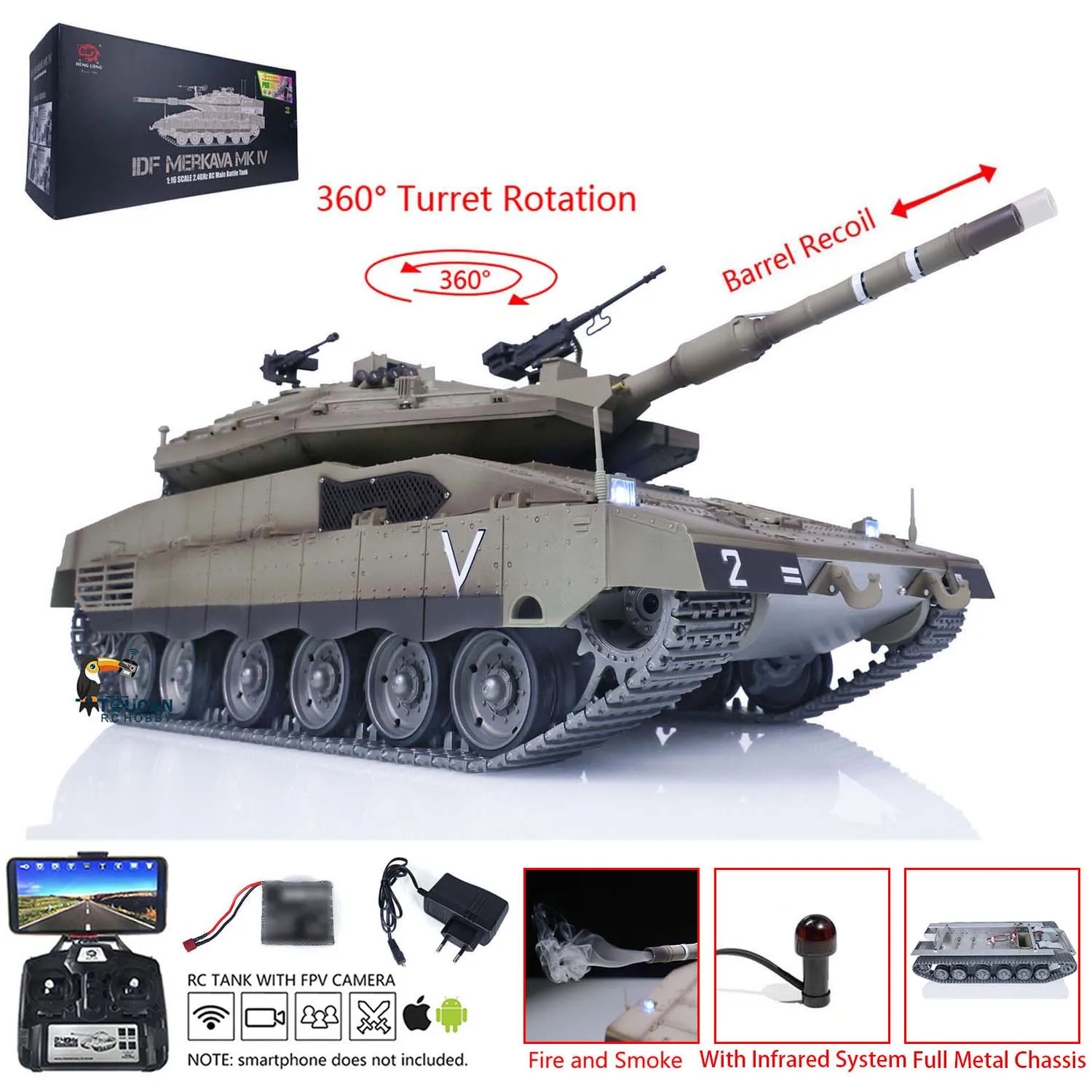 Toys 1/16 RC Battle Tank Heng Long IDF Merkava MK IV 3958 Full Metal Chassis FPV Remoted Panzer Cars TH22668 2
