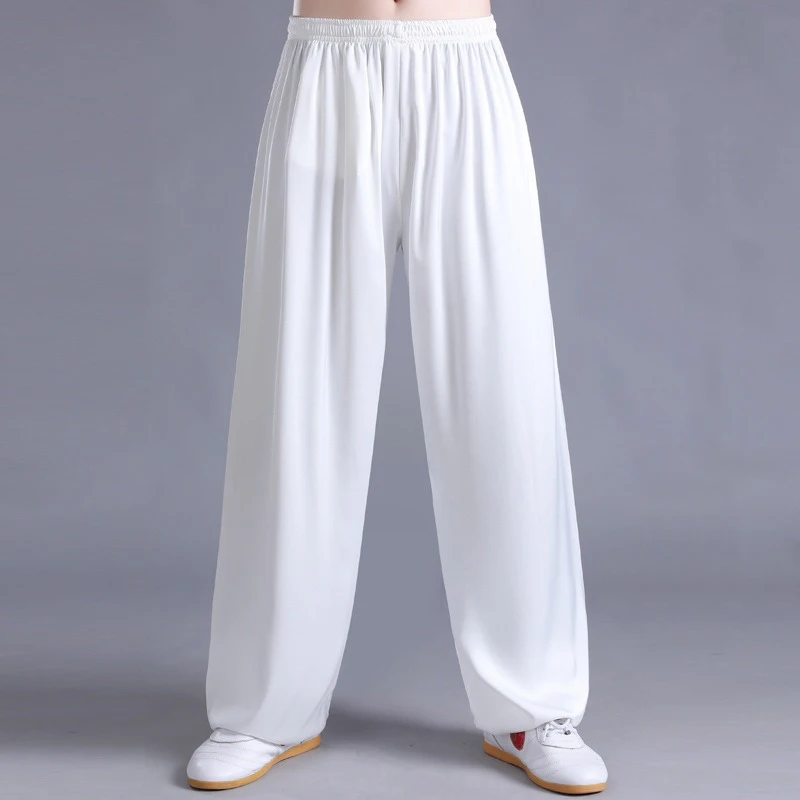 Silk Tai Chi Kung Fu Martial Arts and Yoga Pants Quick-Drying Elastic Waist Lounge Trousers Balck Blue White Gray Gold Colors