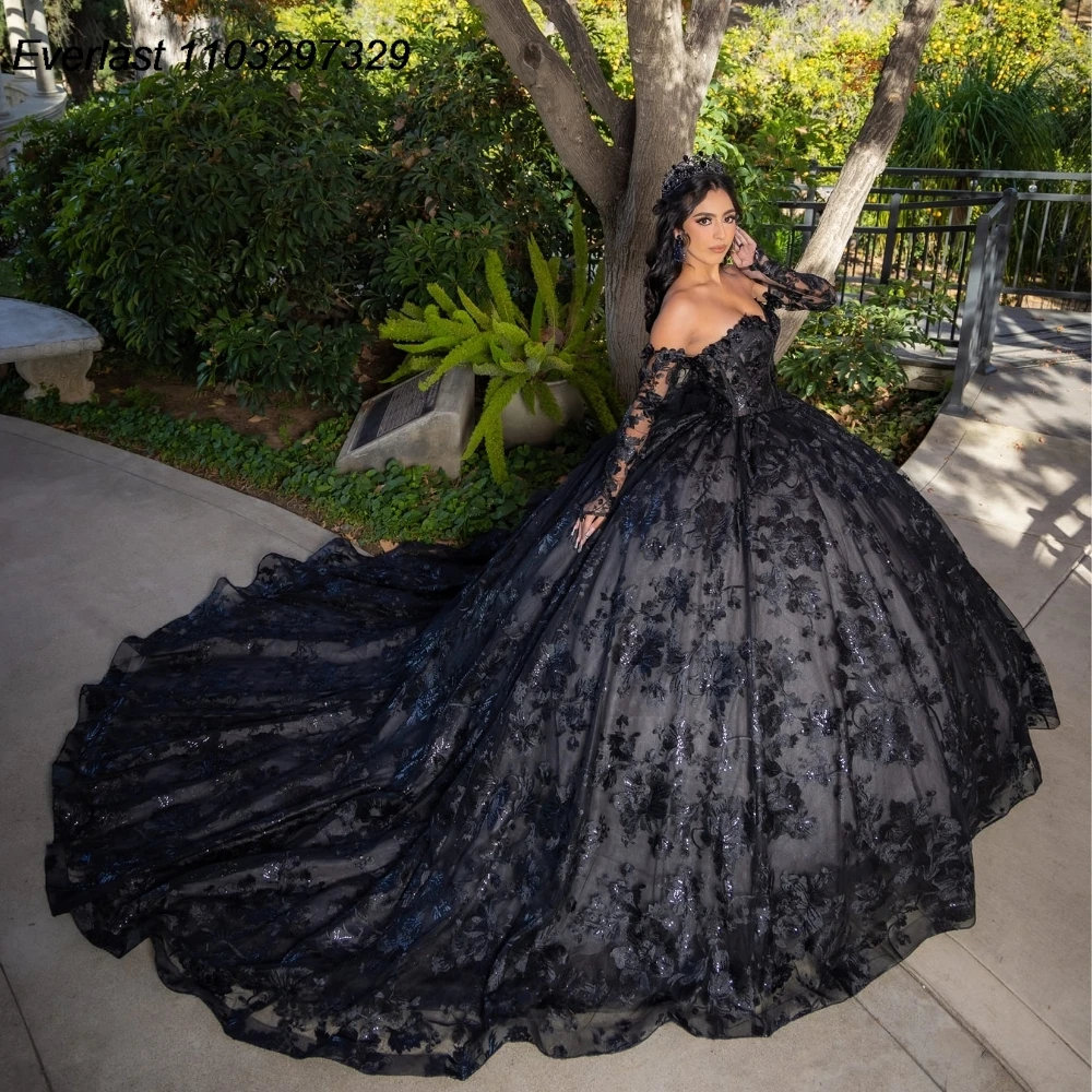 EVLAST Shiny Black Quinceanera Dress Ball Gown Lace Applique Beading Long Sleeve Sweet 16 Vestido De 15 Anos E1Q05
