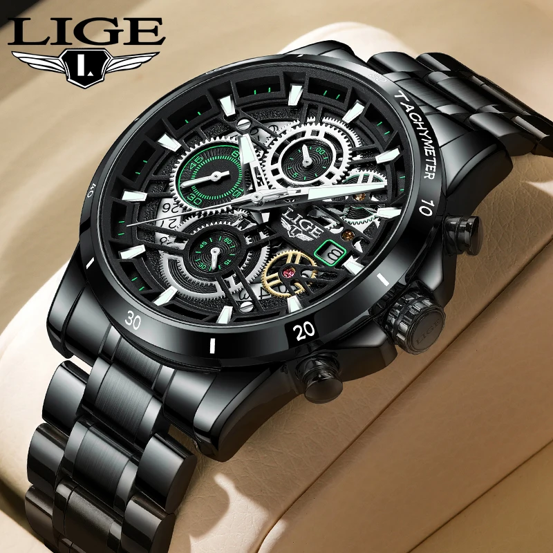 

New LIGE Clock Fashion Hollow Dial Steel Watch for Men Top Brand Luxury Waterproof Sports Men's Quartz Watches Male Chronograph