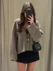 Women Fashion Grey V Neck Loose Warm Jackets Autumn Retro Button Long Sleeve Coat With Pockets Lady Casual High Street Outerwear 4