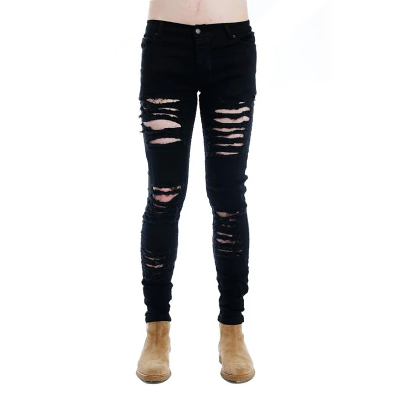 Men Jeans Narrow Feet Punk Rock Micro Elastic Fabric Ripped Jean Pants men jeans ripped jeans