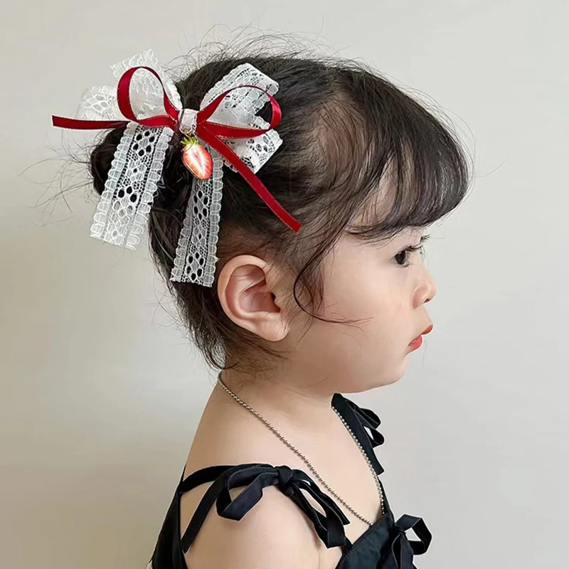 Hair Accessories Red Bow Princess Girl Tassel Hairpins Cherry Strawberry Pendant Children Barrettes