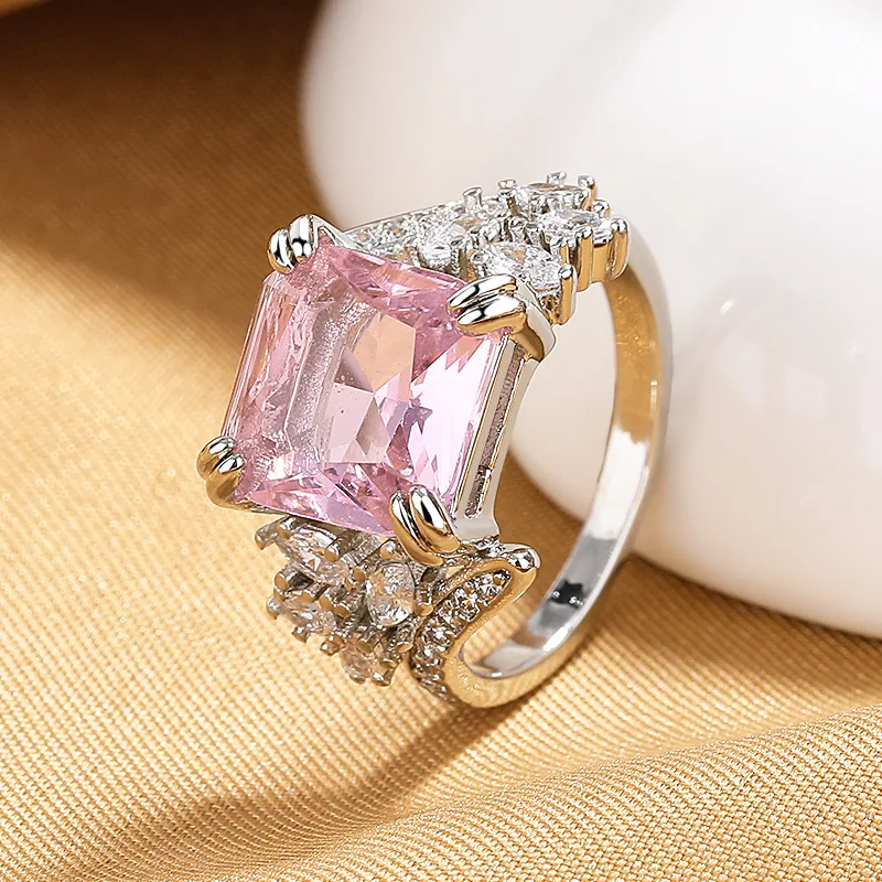 

New Princess Inlaid Pink Diamond Ring Square Colored Treasure Zircon Ring Fashionable Must-Have for Women