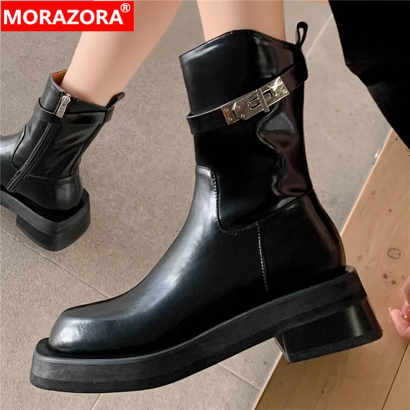 

Женские ботильоны из натуральной кожи MORAZORA, черные ботильоны из натуральной кожи на платформе, с квадратным носком, на молнии, весна-осень 2024