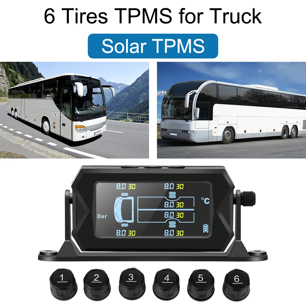 

Wireless Solar 180° Adjustable Bracket Tire Pressure Monitoring System Car RV Truck TPMS with 6 External Sensors