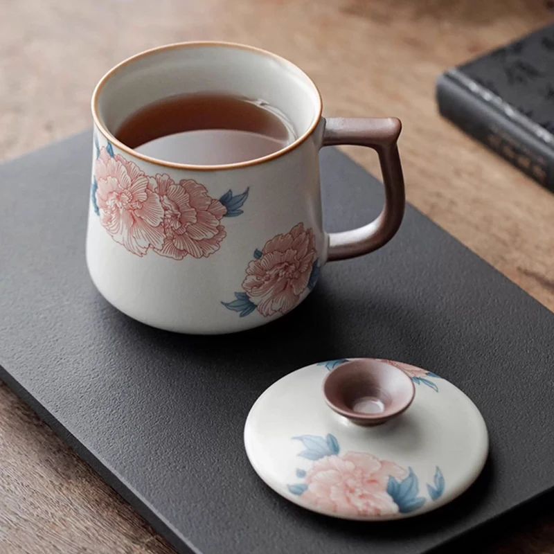 Chinese Style Ceramic Hand Drawn Flower Patterns Tea Mugs, Home Personal Creative With Cover, Milk Water Coffee Cup, 330 ml, 1Pc