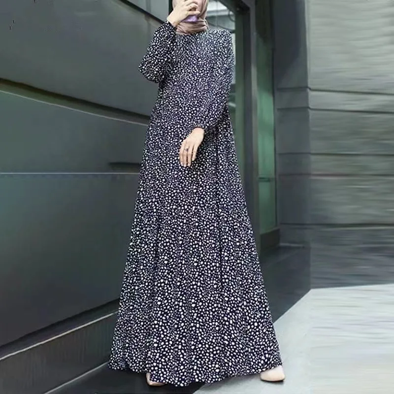 New Middle East Muslim Comfort and Casual Polka Dot Long Sleeve Pullover Loose Waist Long Dress dress  kaftan  evening dresses