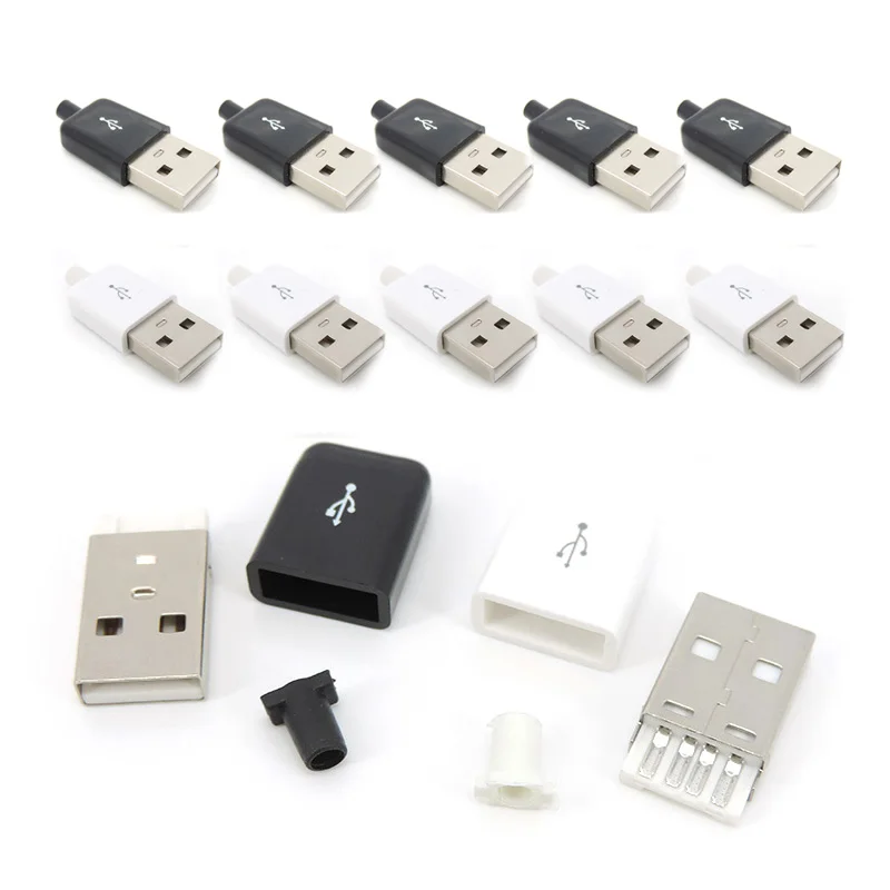 

10 шт., 4-контактный разъем USB Type-A с черной и белой пластиковой крышкой