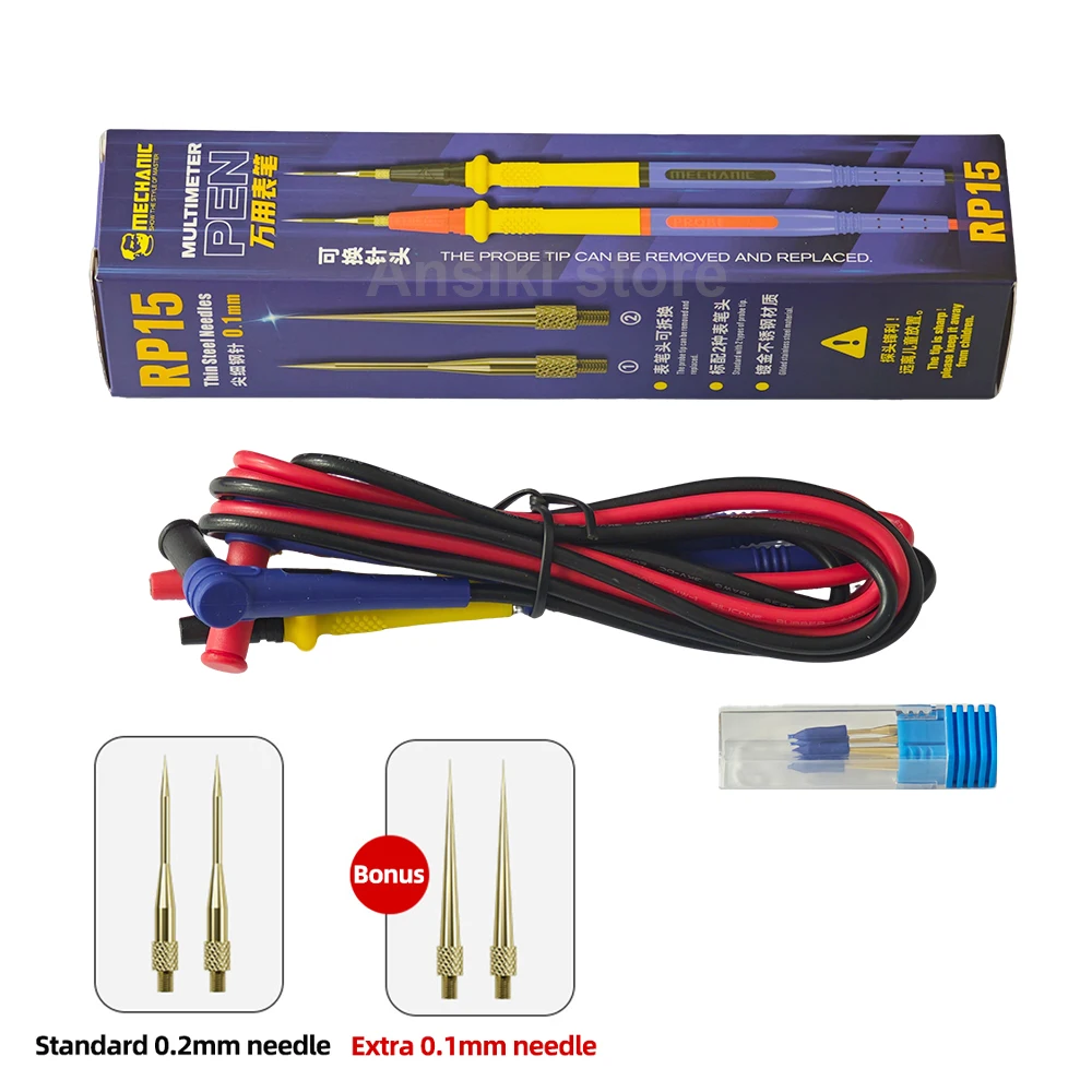 MECHANIC RP15 멀티미터 테스트 프로브, 0.1mm 금도금 교체 가능 팁, 수리 도구용 1000V 20A 실리콘 리드