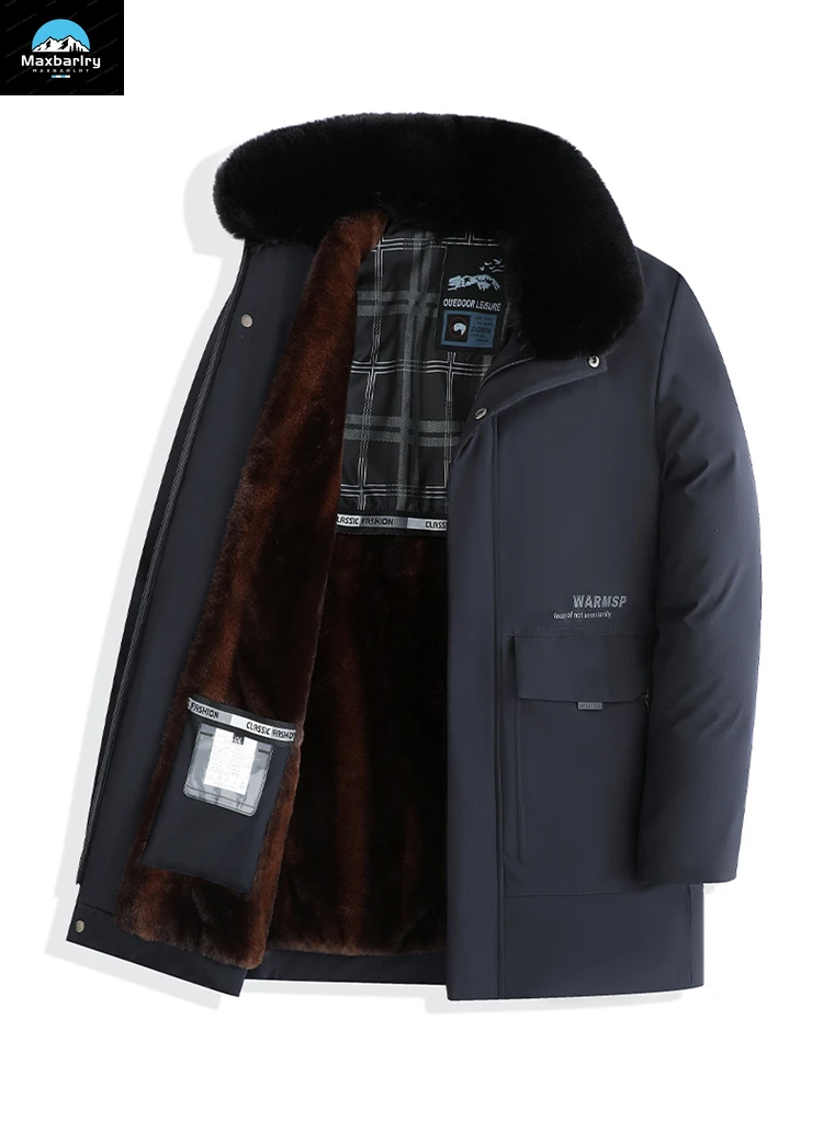 2023 Winter Men's Long Padded Coat Fashion Men's Detachable Wool Collar Warm Parka Business Casual Fleece-lined Windproof Jacket