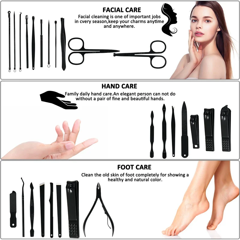 25 IN 1 매니큐어 세트 색상 대비 세트 손톱깎이 커터 도구 키트 남자 여자를위한 스테인레스 스틸 페디큐어 여행 케이스