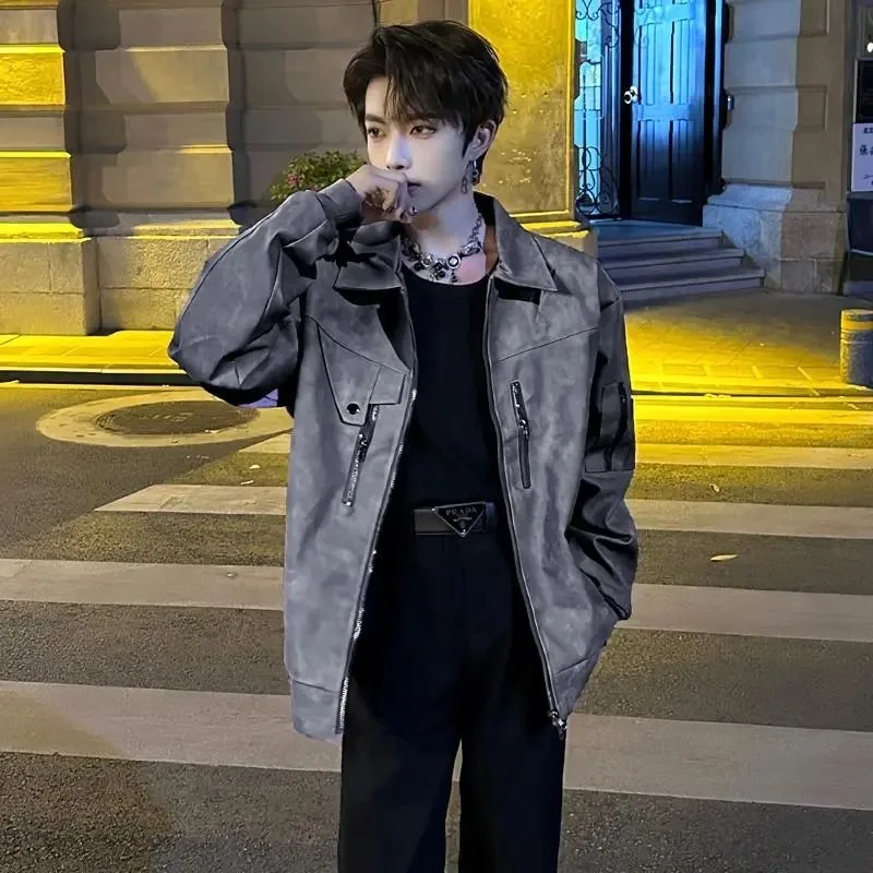 Leather Jacket Motorcycle Jacket Korean Men Brand Clothing Autumn Winter Streetwear Lapel Zipper Coats Long- Sleeve Pockets